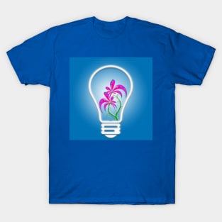 A blue bulb with a digital flower inside T-Shirt